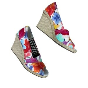 TOMS Oahu Floral Espadrille Wedge Sandals 6.5 Women's 3" Heel Pastel Multicolor